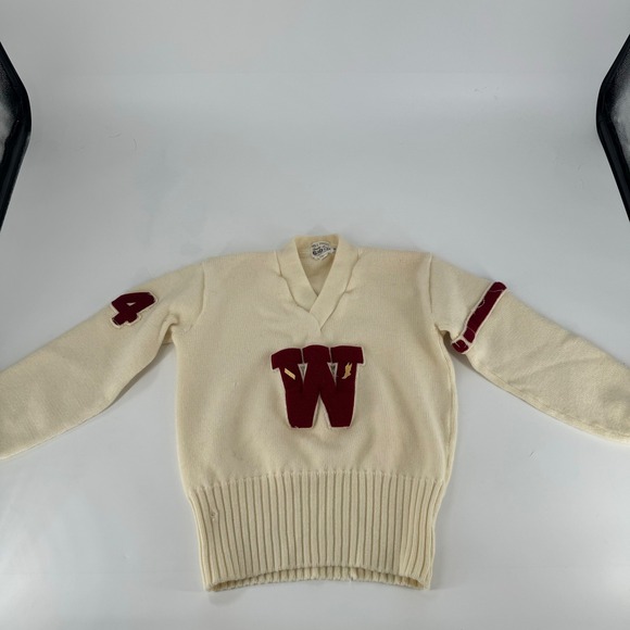 Vintage Nill Bros Wool Letterman Sweater Cream Burgundy Athletic Size Rare 42